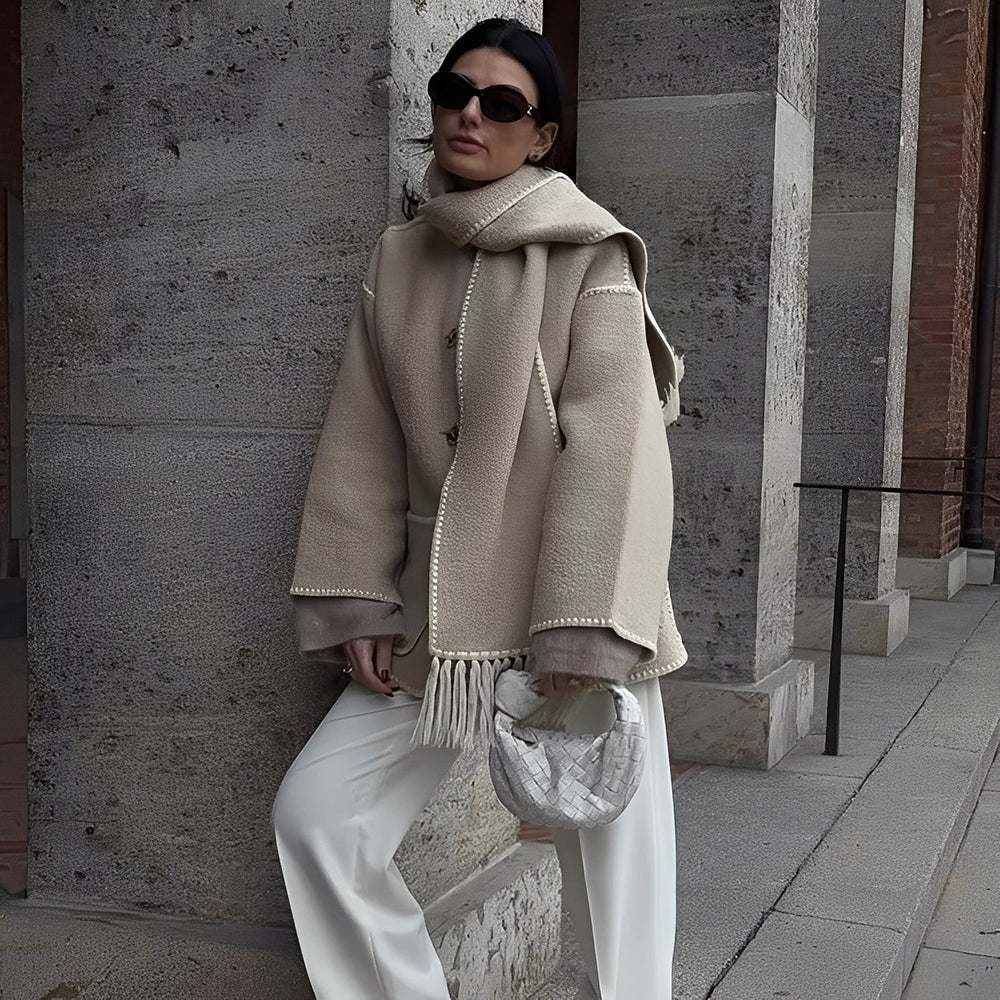 Genevieve Coat Woman – Soft Wool Coat with Scarf & Elegant Loose Fit