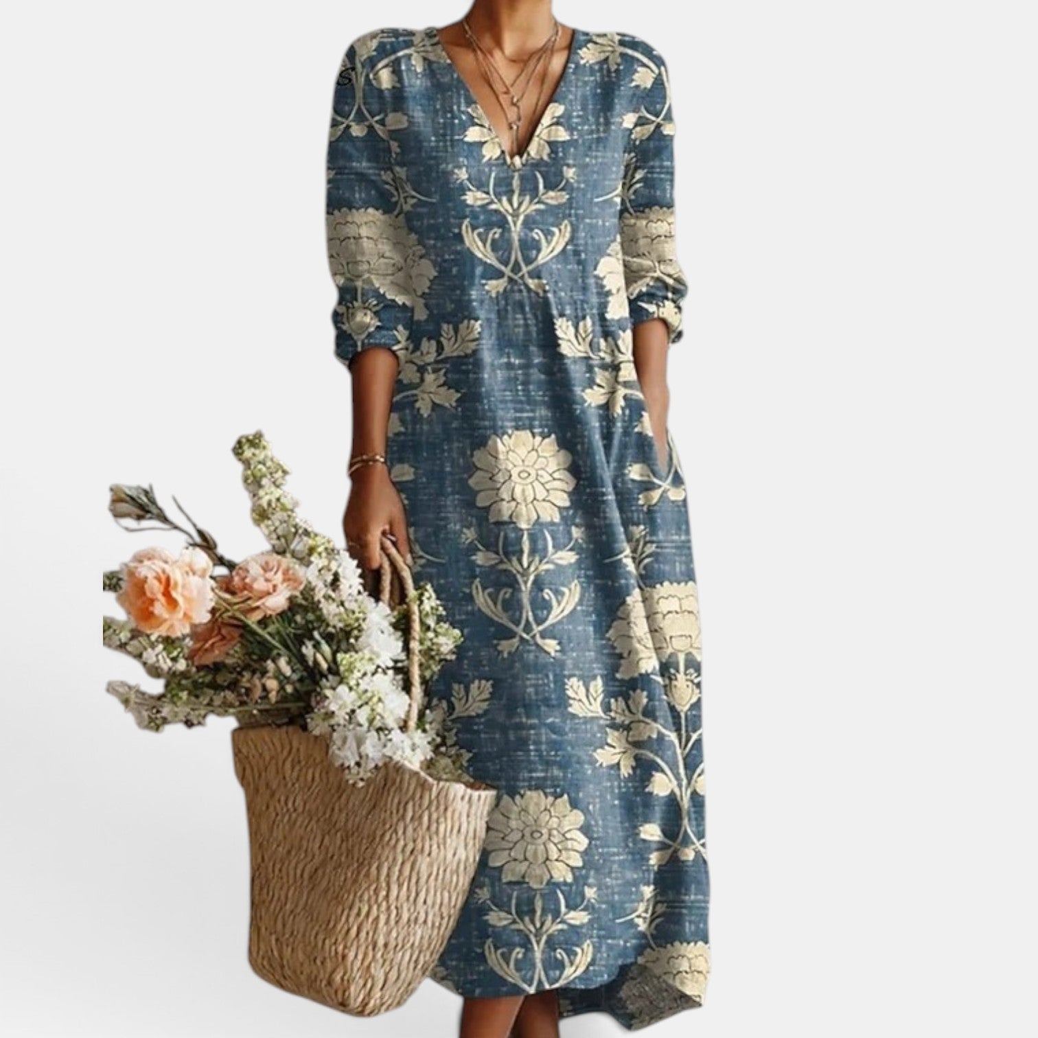 Women's Boho Floral Linen Midi Dress