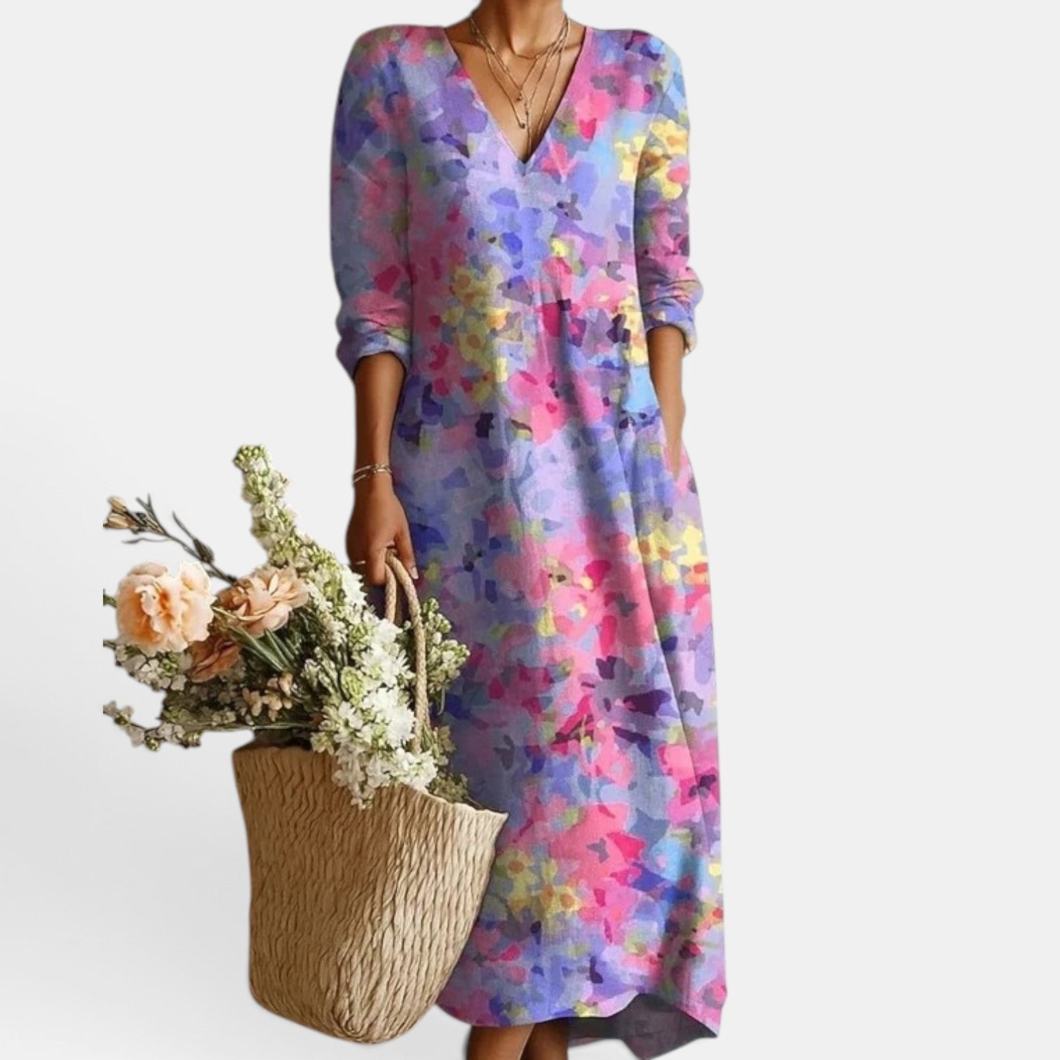 Women's Boho Floral Linen Midi Dress