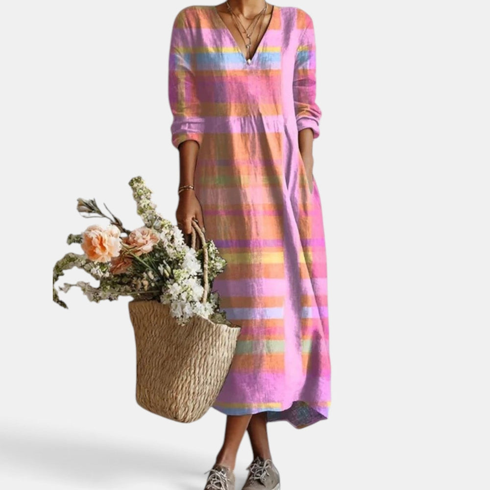 Women's Boho Floral Linen Midi Dress