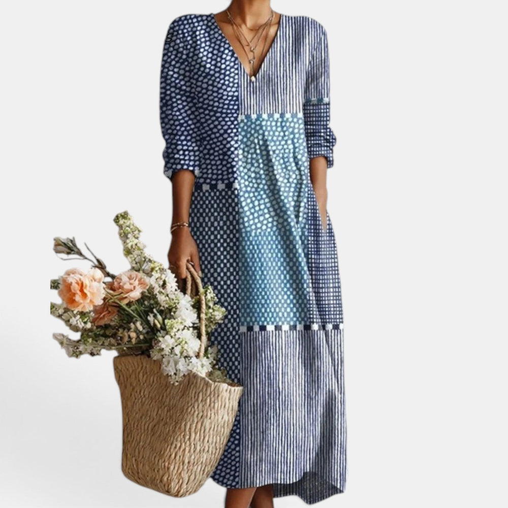 Women's Boho Floral Linen Midi Dress