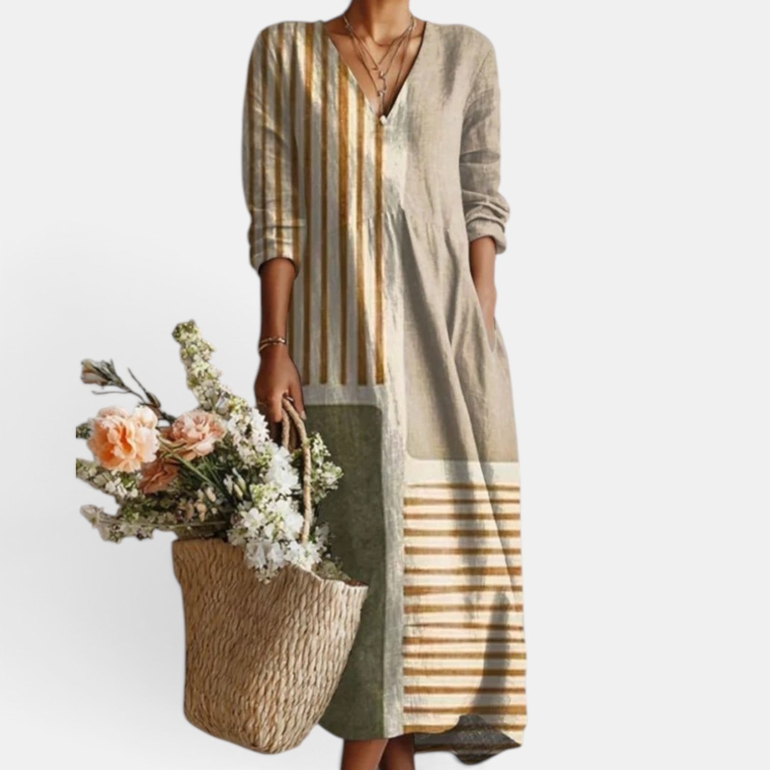 Women's Boho Floral Linen Midi Dress