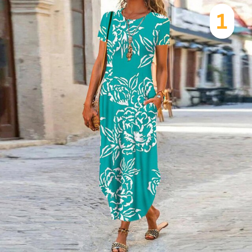 Caroline Maxi Dress Women – Cotton & Linen, Fluid Cut and Timeless Pattern