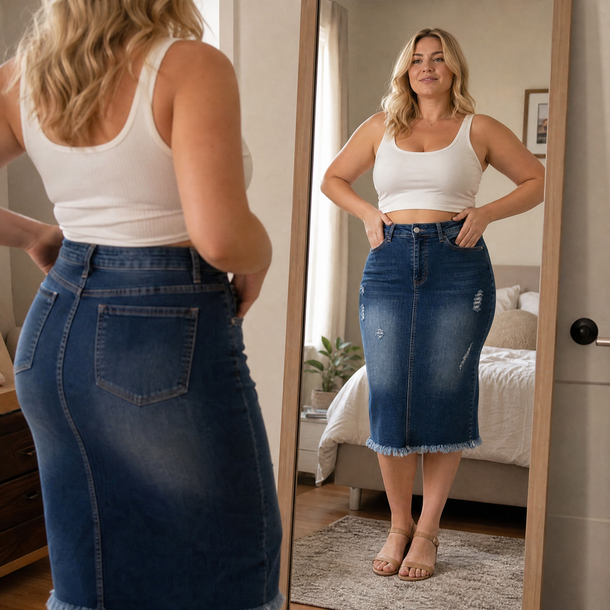 Veluna – Curve-Flattering Frayed Hem Denim Skirt