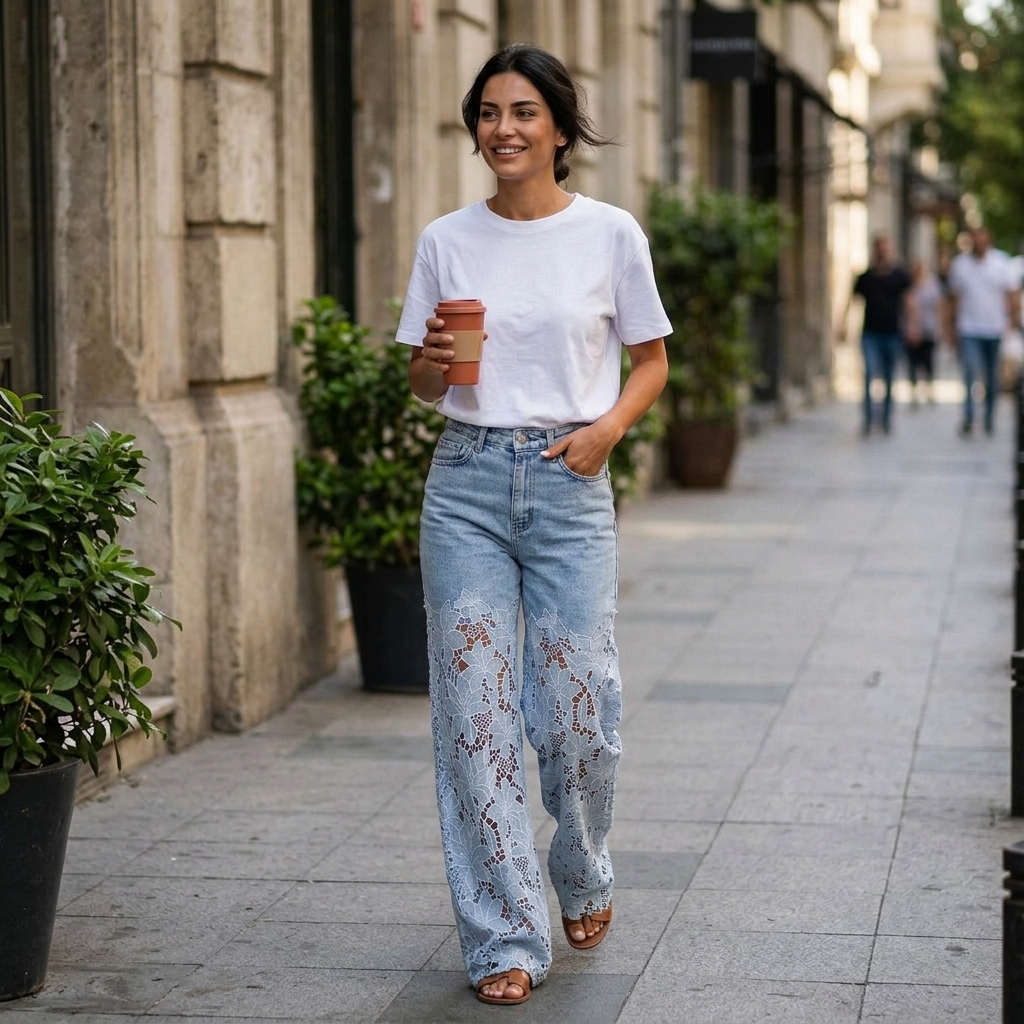 Laceveil – Women's Floral Lace Patchwork Wide Leg Jeans