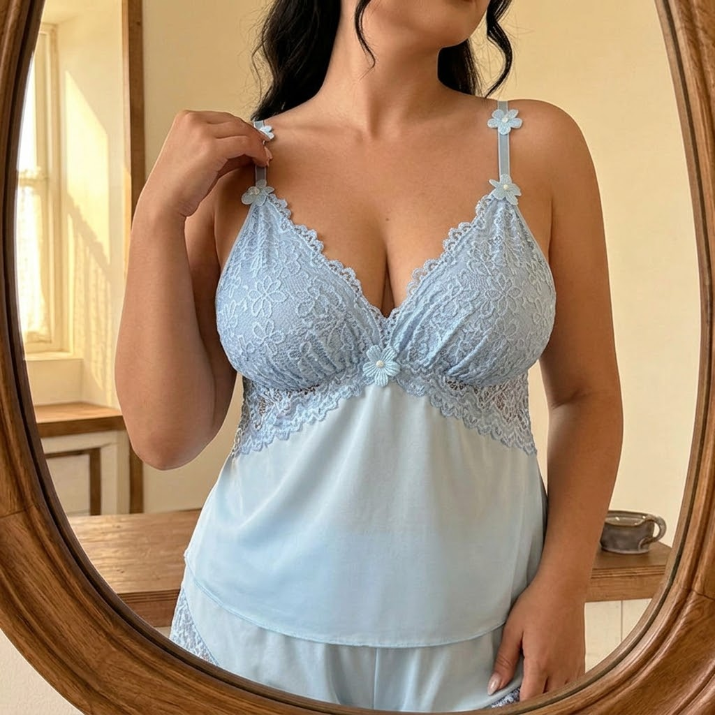 Lunessa – Lace-Trim Satin Pyjama Set