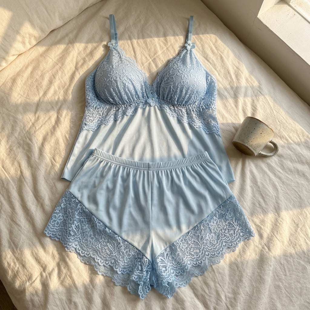 Lunessa – Lace-Trim Satin Pyjama Set