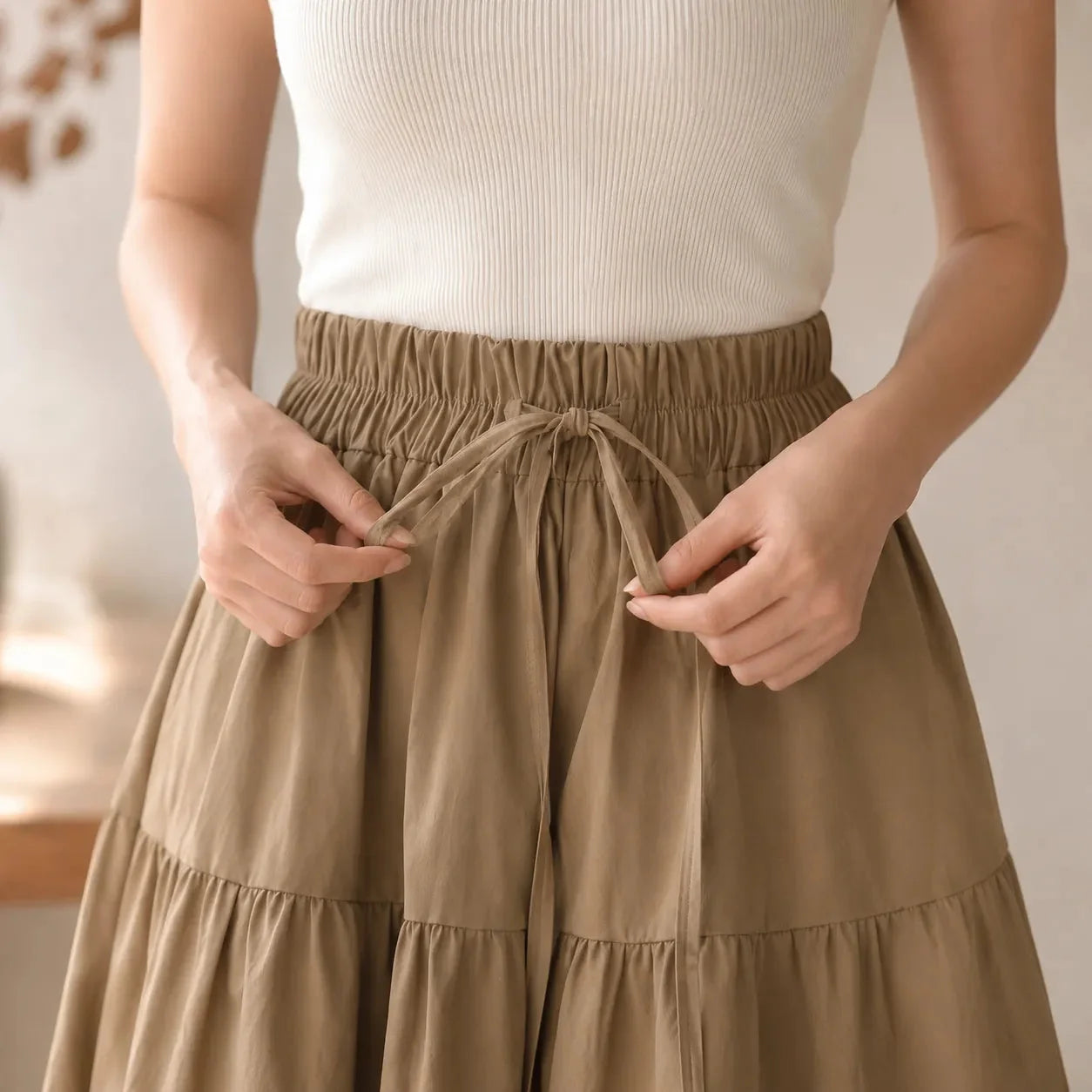 Sundara – Tiered Culotte Skirt with Hidden Shorts, High Waist Drawstring