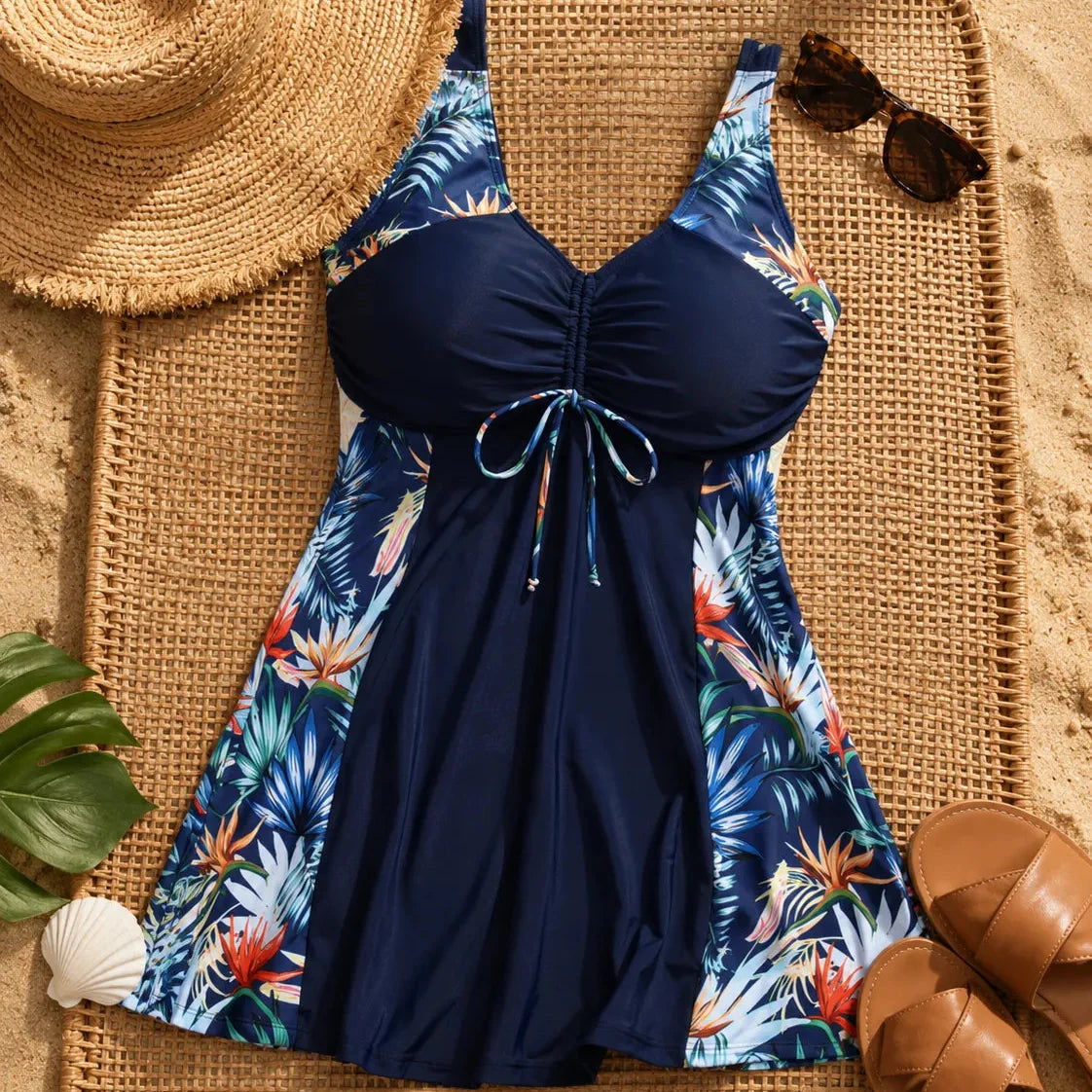 Solmara – Plus Size Printed Swimdress with Built-in Shorts, V-Neck Tie-Front