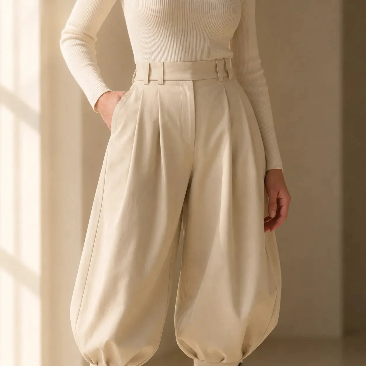 Marlow – Pleated Lantern Wide-Leg Trousers with Bow Cuffs