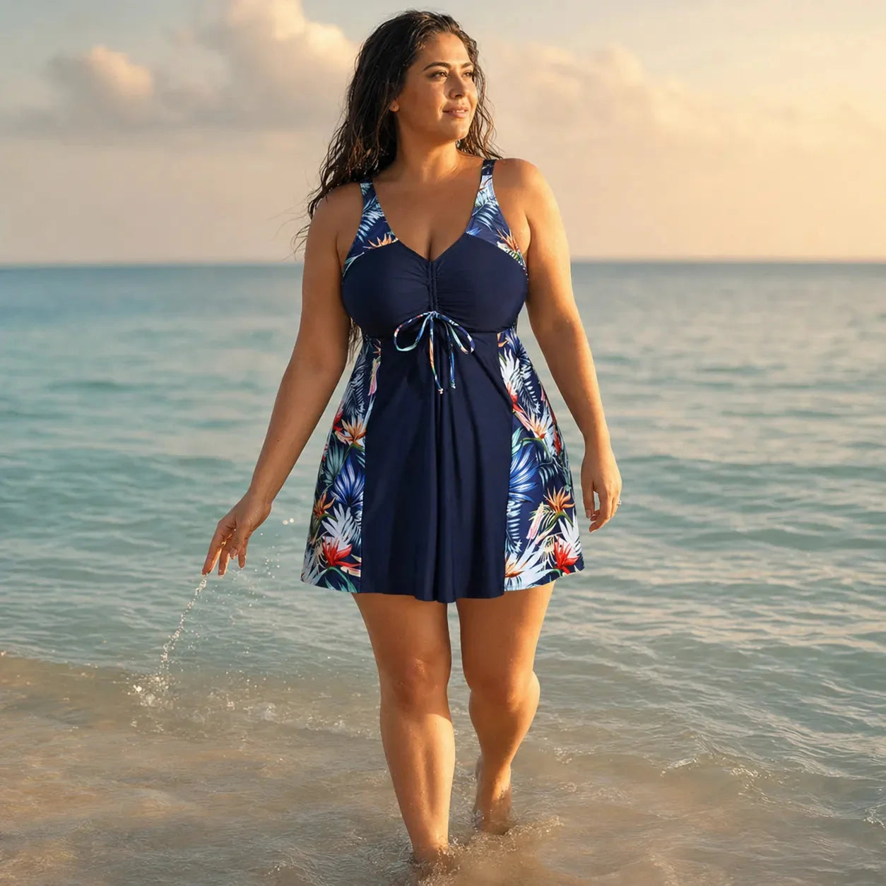 Solmara – Plus Size Printed Swimdress with Built-in Shorts, V-Neck Tie-Front