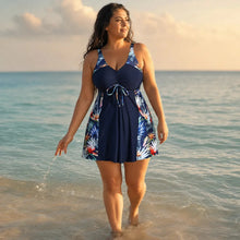 Solmara – Plus Size Printed Swimdress with Built-in Shorts, V-Neck Tie-Front