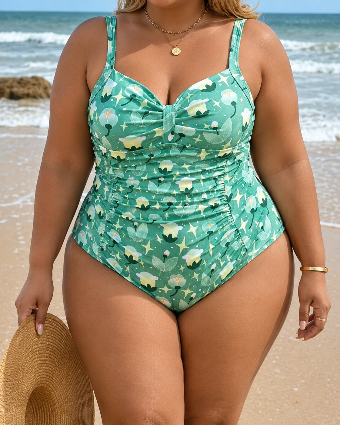 Mint green one-piece swimsuit with a front knot detail and floral print, featuring a gently ruched silhouette.