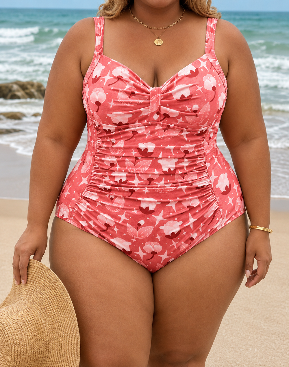 One-piece swimsuit in a pink floral print with knotted front detail and ruched sides, worn by a model on the beach.