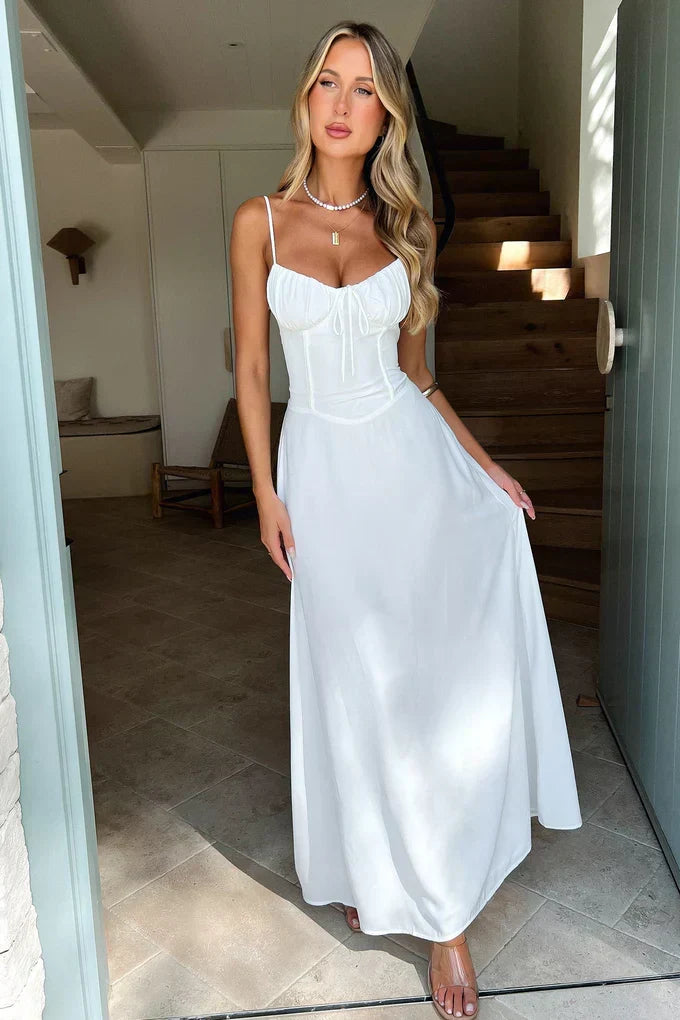 Mika Long Dress Woman – Elegant Maxi Dress in Lace with Lace-up Back & A-line Cut