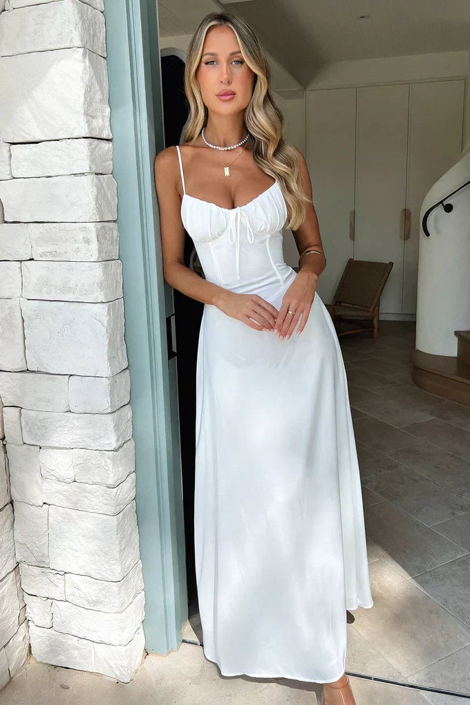 Mika Long Dress Woman – Elegant Maxi Dress in Lace with Lace-up Back & A-line Cut