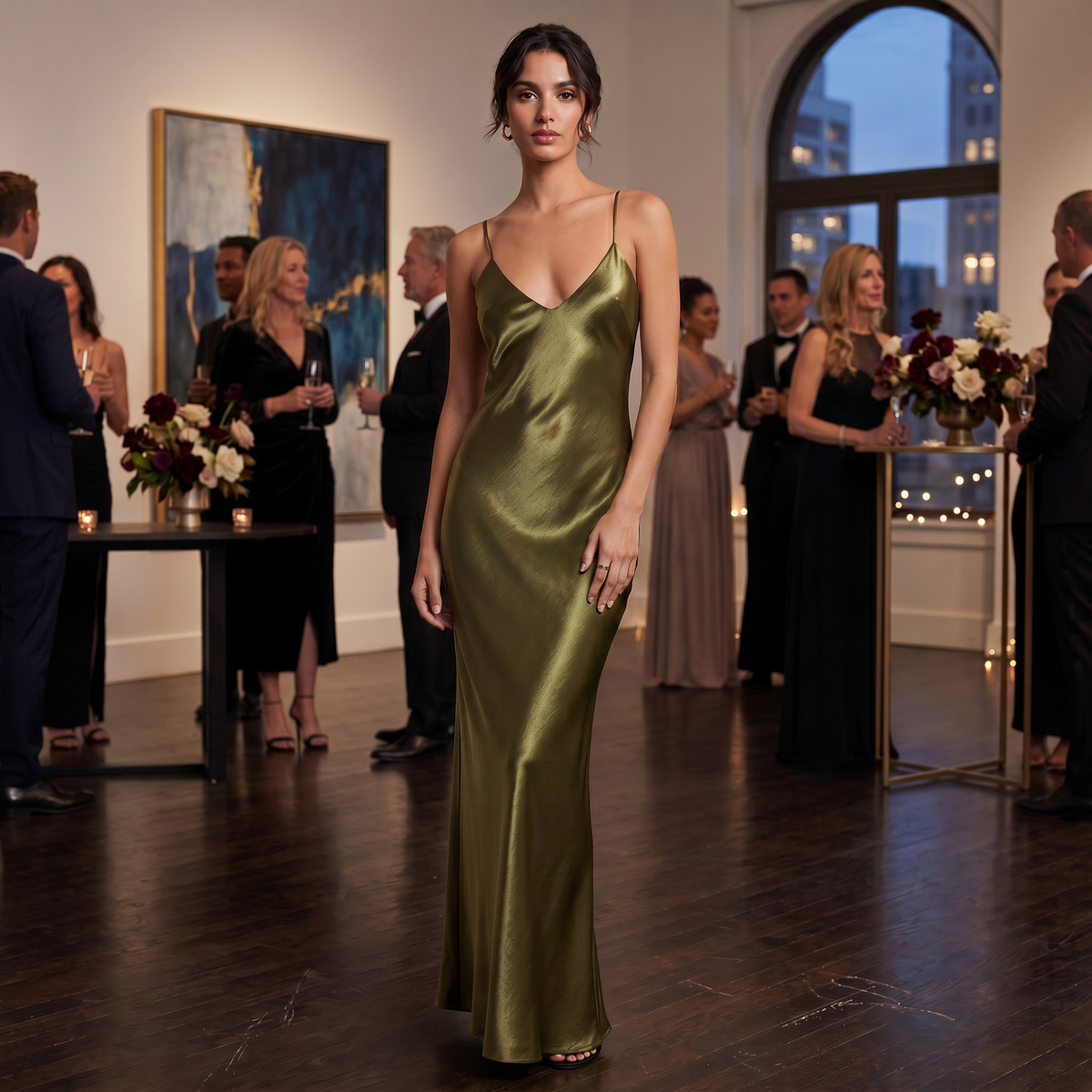 Olive Green Satin Slip Dress