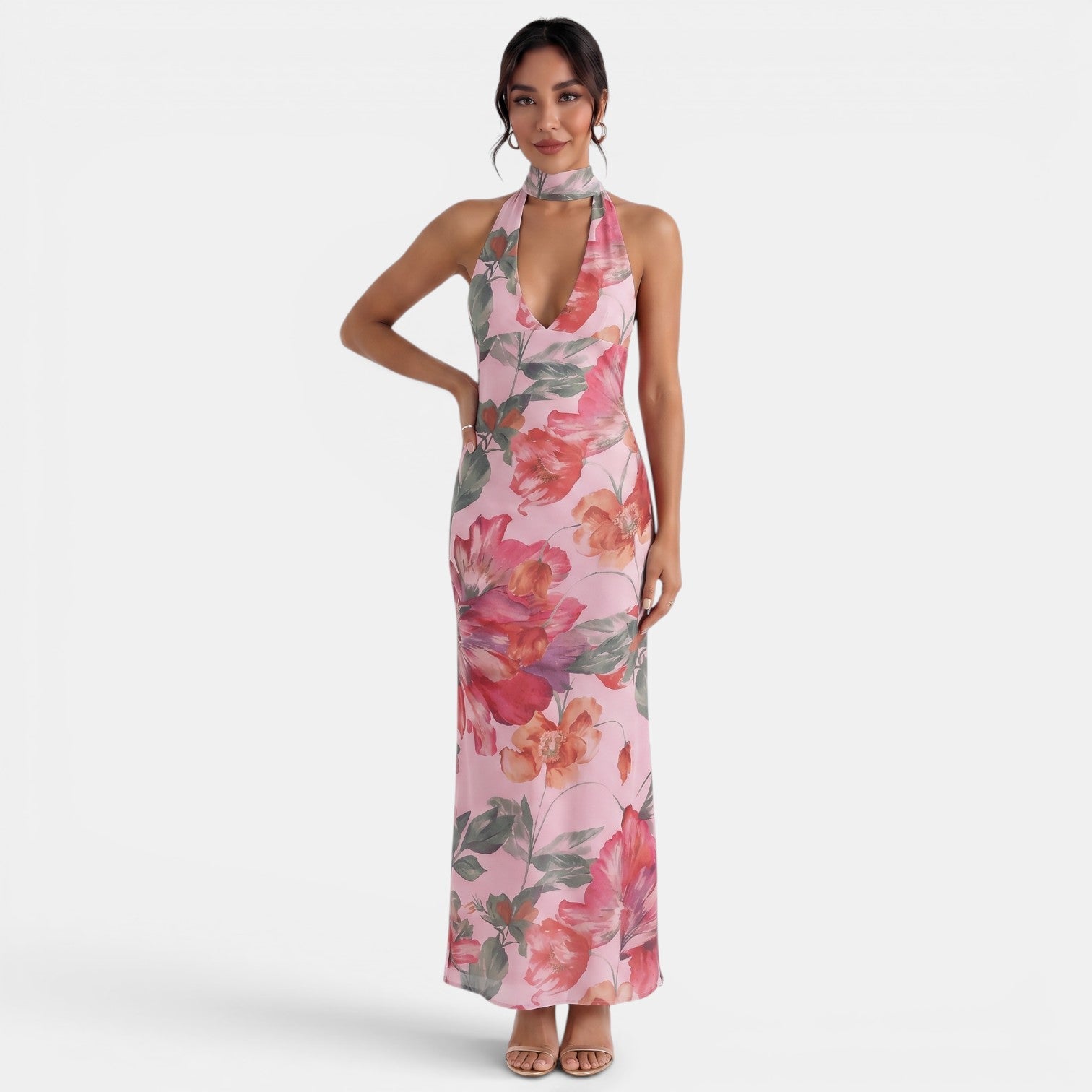 Backless Floral Halter Dress