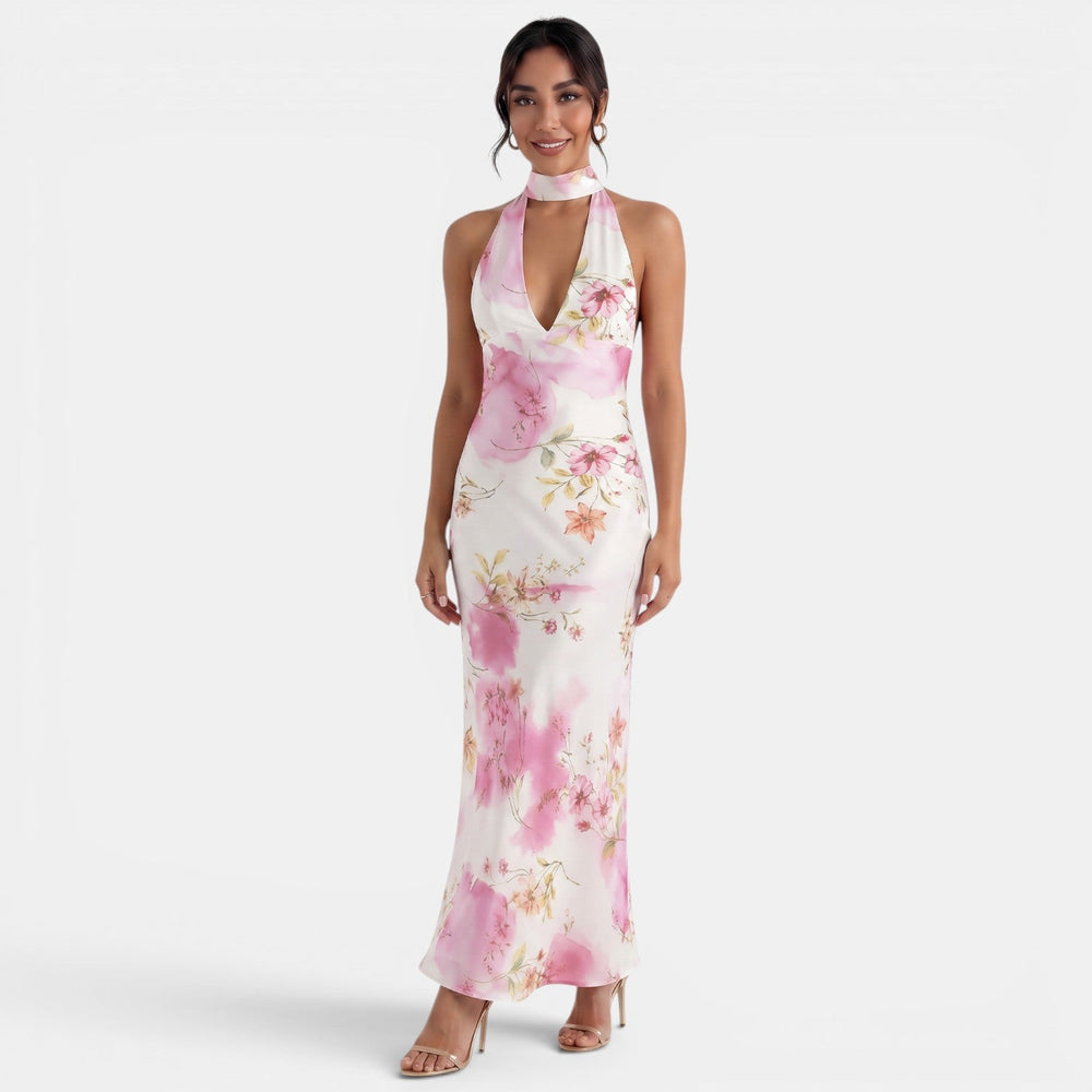 Backless Floral Halter Dress