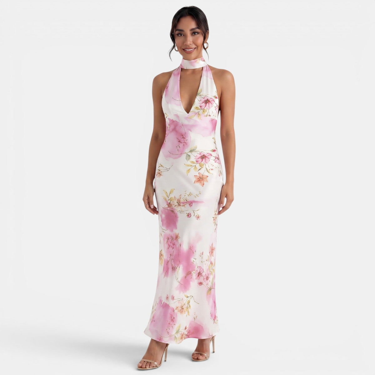 Backless Floral Halter Dress
