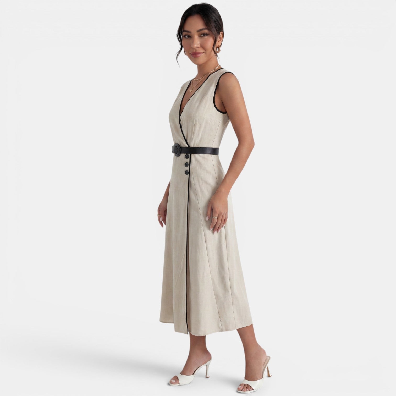 Elegant Beige Belted Midi Dress