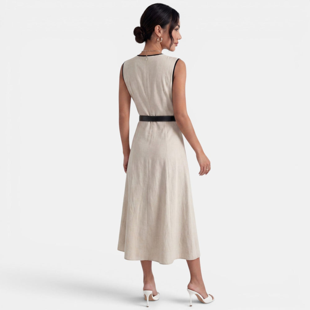 Elegant Beige Belted Midi Dress