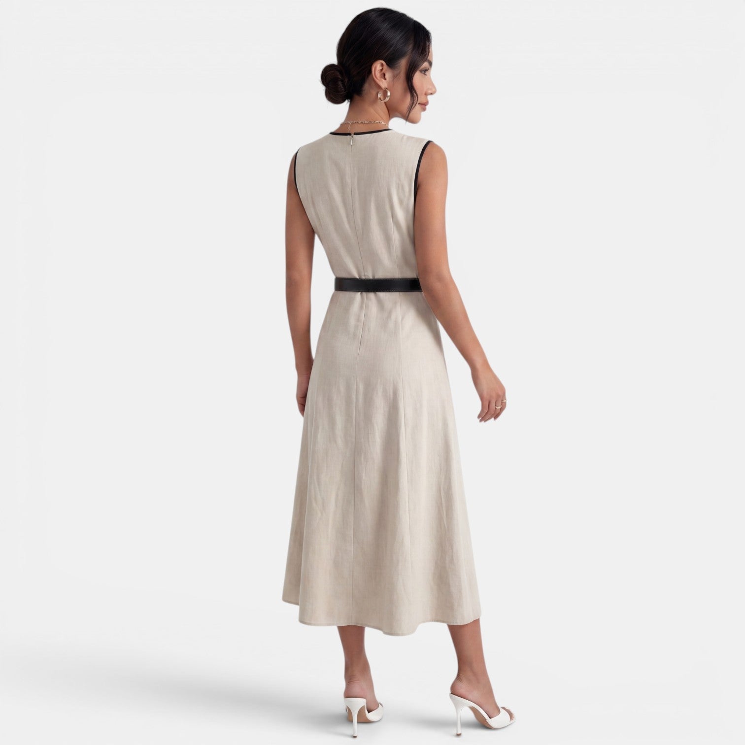 Elegant Beige Belted Midi Dress
