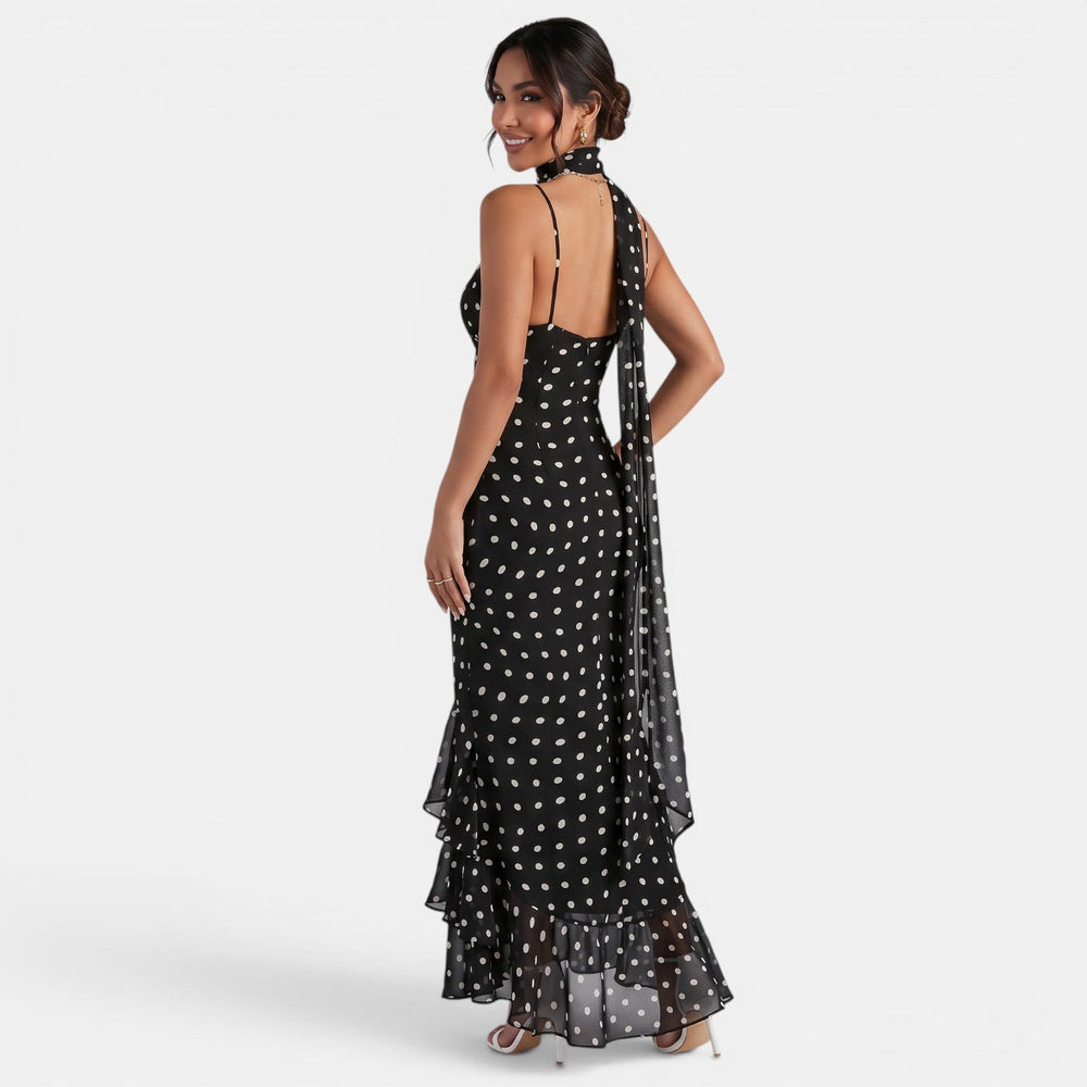 Women's Black Polka Dot Halter Maxi Dress