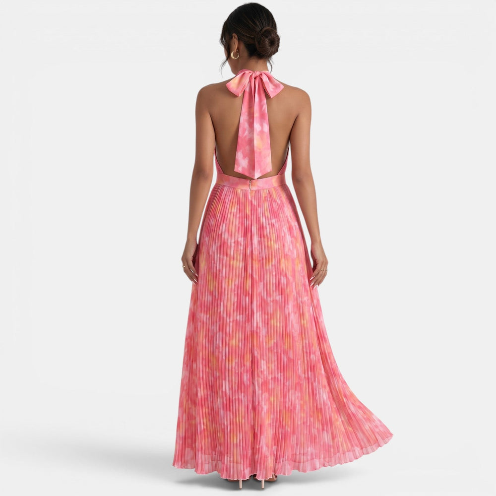 Women's Pleated Pink Halter Maxi Dress