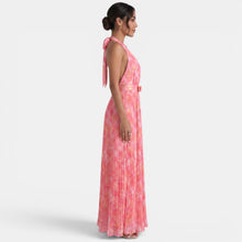 Women's Pleated Pink Halter Maxi Dress