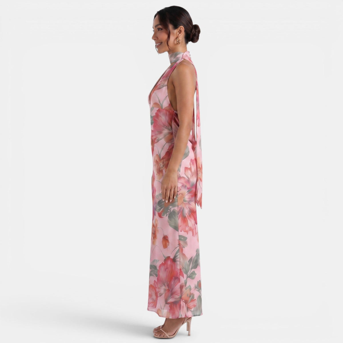 Backless Floral Halter Dress