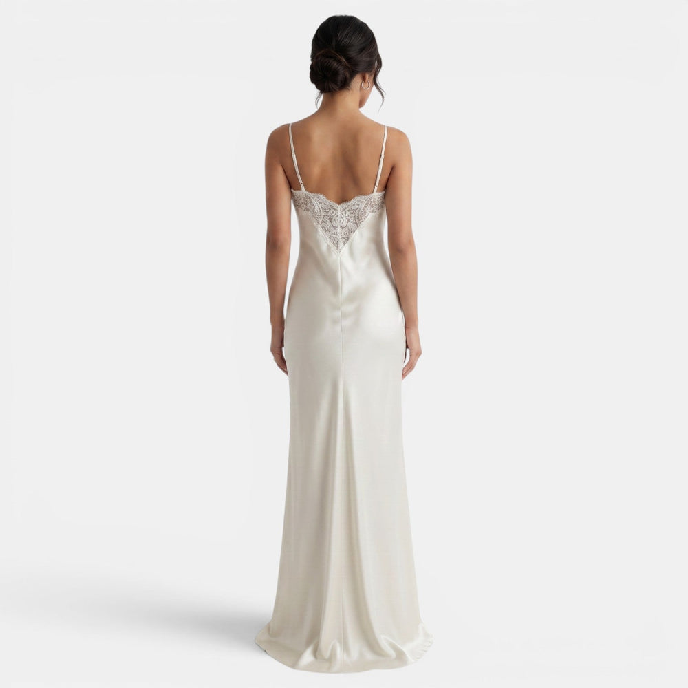 Long Satin V-Neck Lace Dress