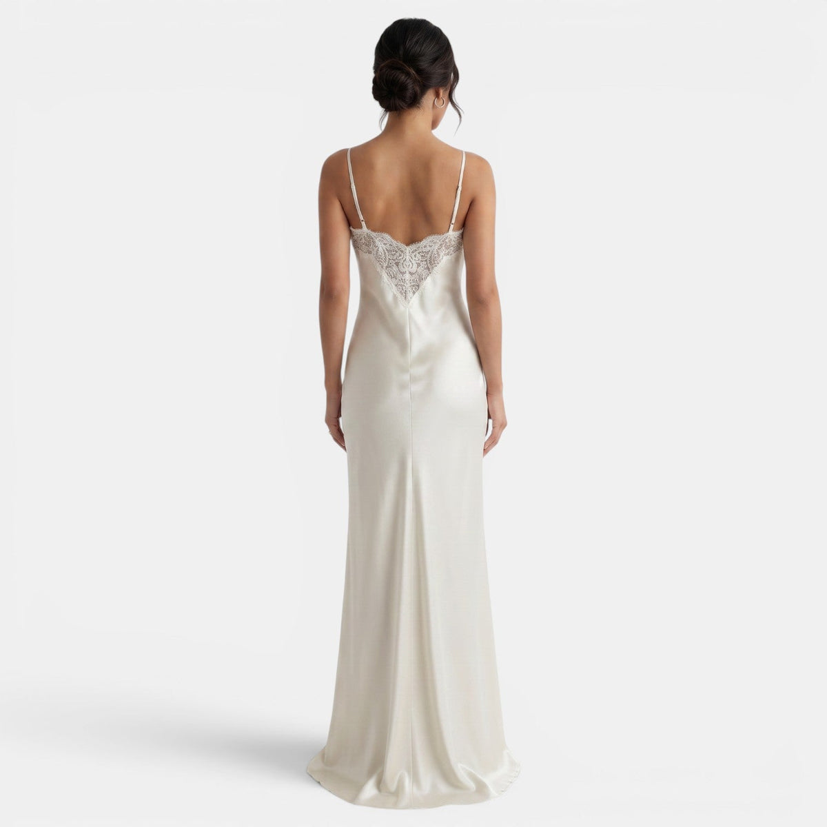 Long Satin V-Neck Lace Dress