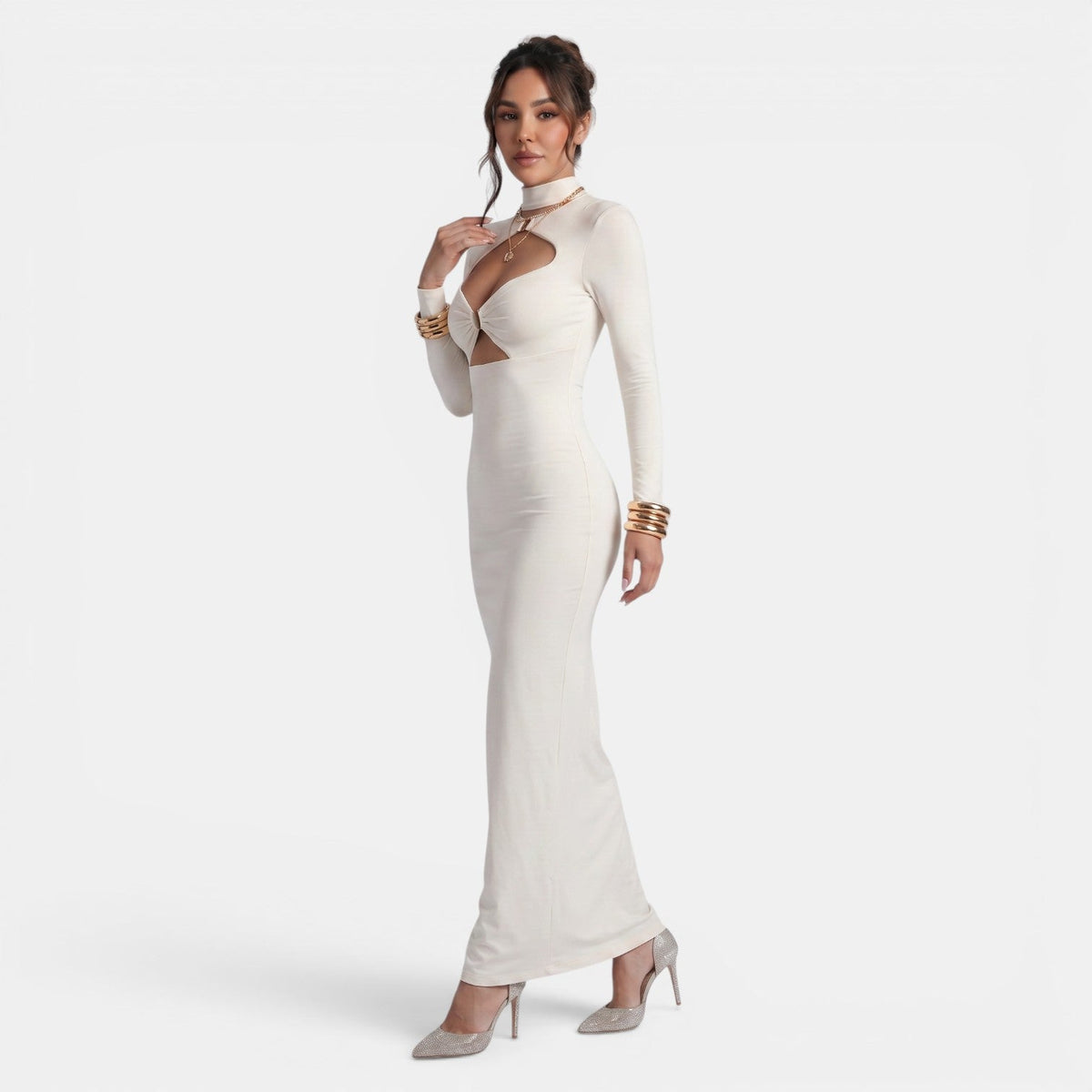 Elegant Solid Color Cut-Out Bodycon Maxi Dress for Women