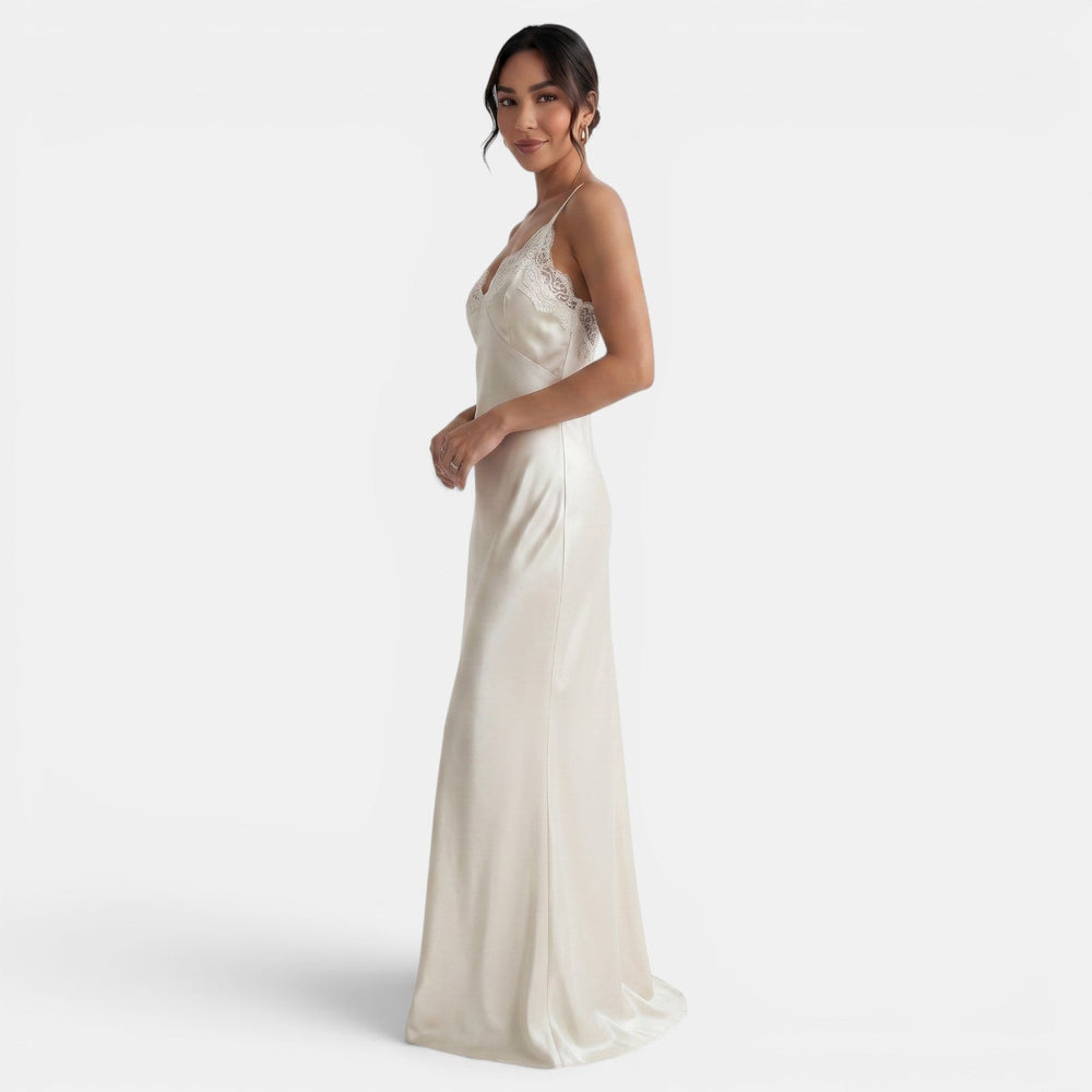 Long Satin V-Neck Lace Dress