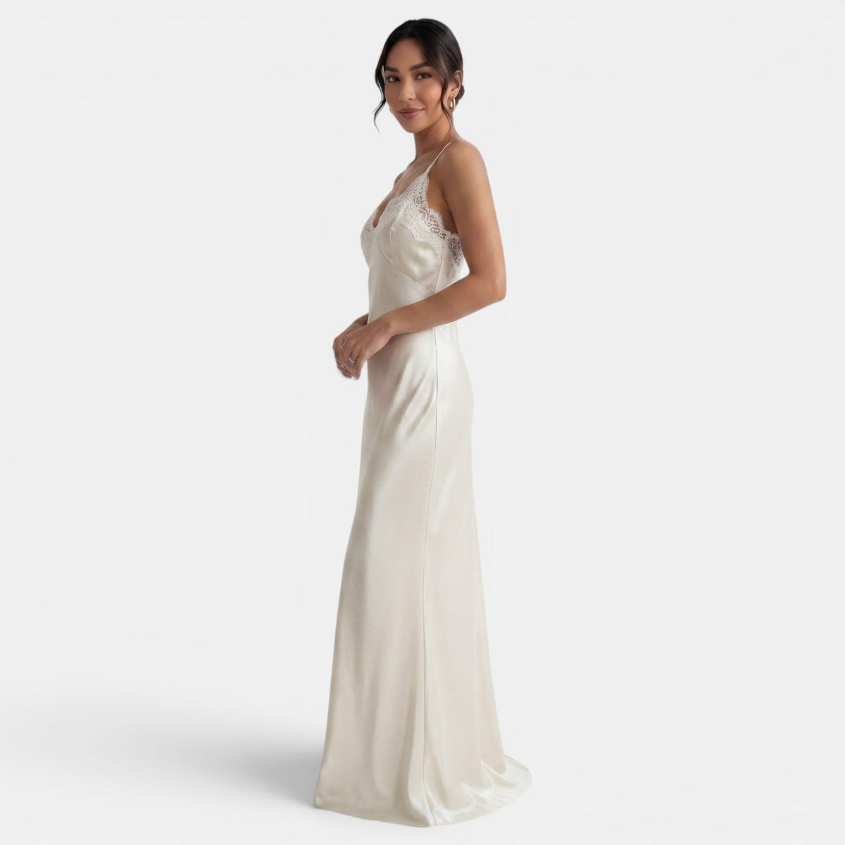 Long Satin V-Neck Lace Dress