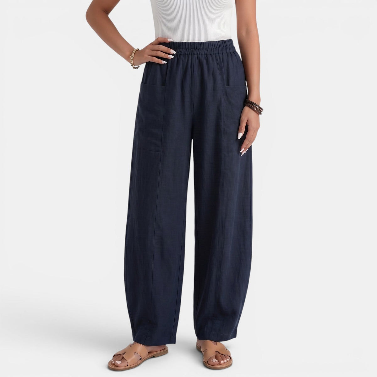 Women's Wide Linen Pants with Elastic Waist