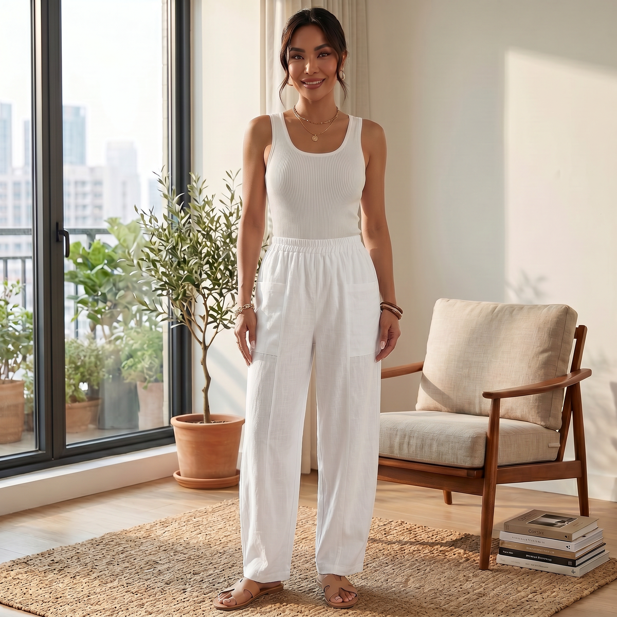 Women's Wide Linen Pants with Elastic Waist