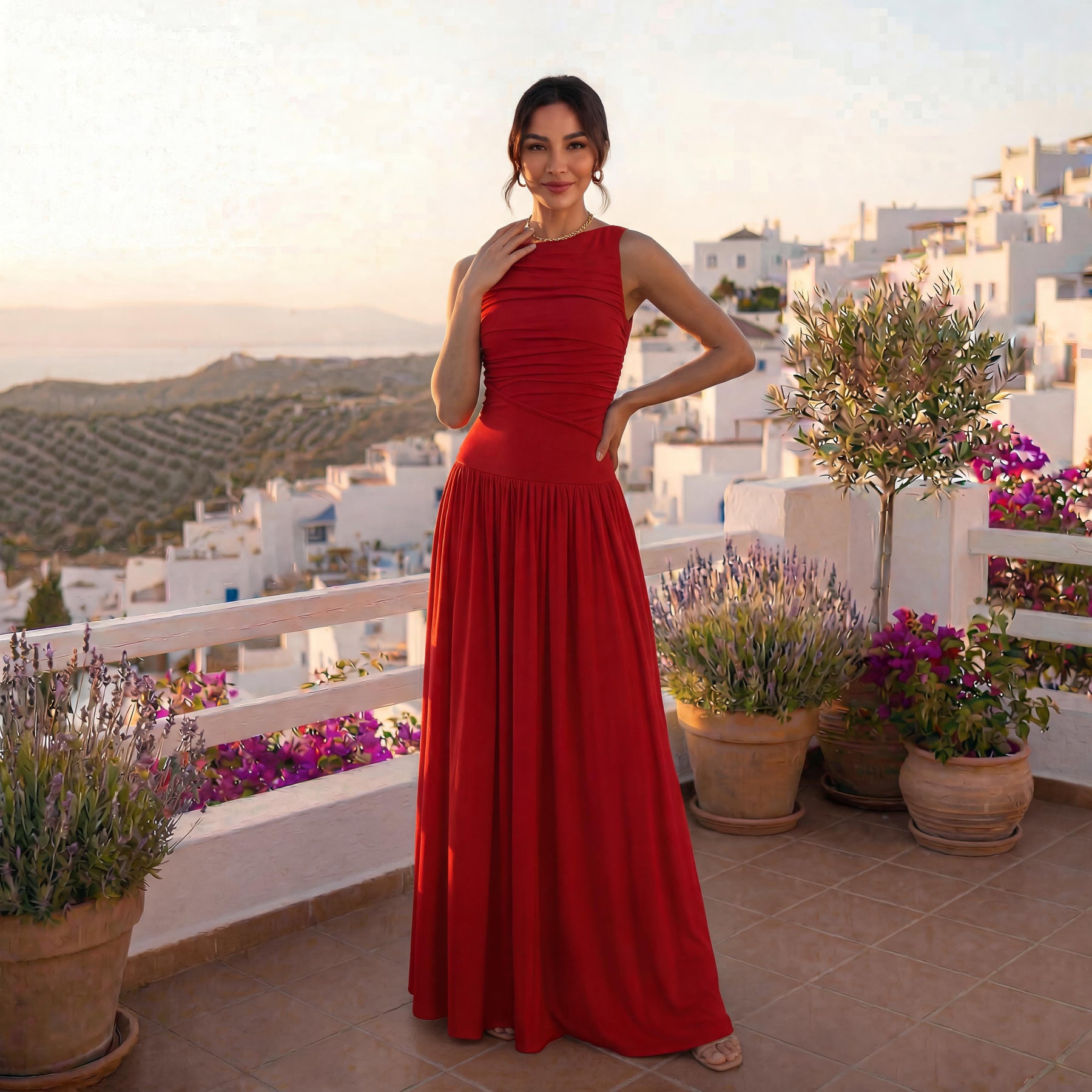 Women's Elegant Solid Color Sleeveless Pleated Bodycon Dress