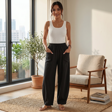 Women's Wide Linen Pants with Elastic Waist
