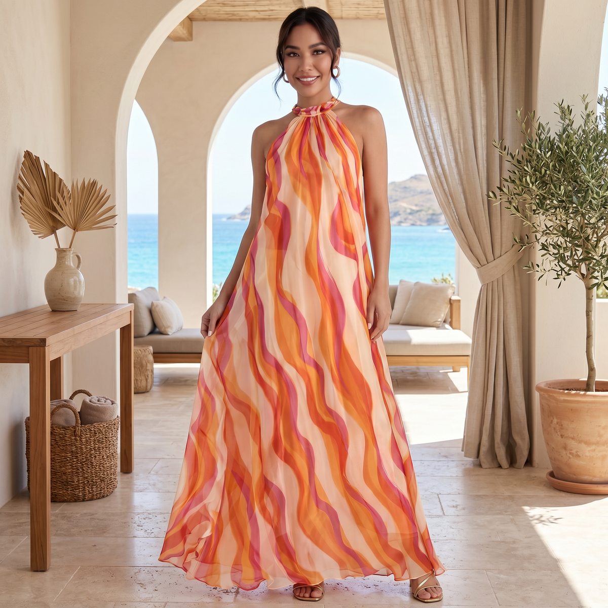 Orange Ombre Halter Maxi Dress