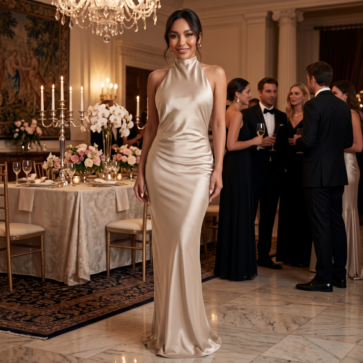 Women's Halter Satin Maxi Dress