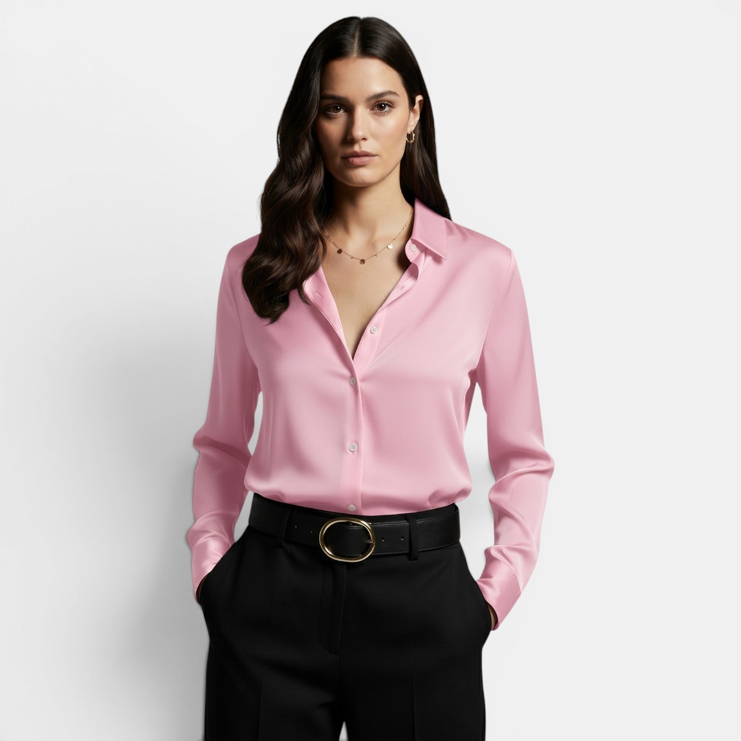 Women's Loose-fitting Shirt with Lapel and Buttons, Long Sleeve