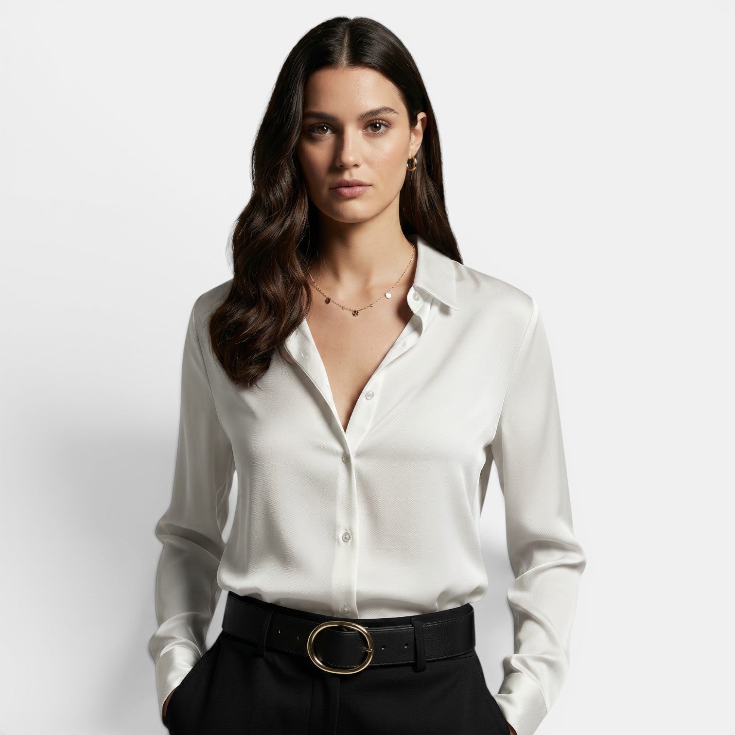 Women's Loose-fitting Shirt with Lapel and Buttons, Long Sleeve
