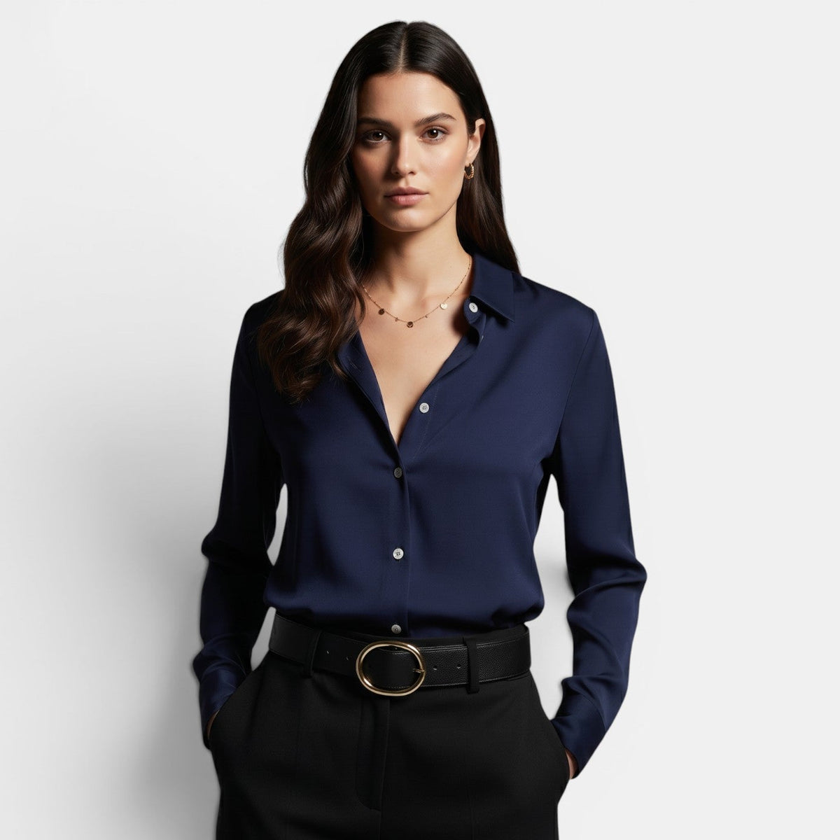 Women's Loose-fitting Shirt with Lapel and Buttons, Long Sleeve