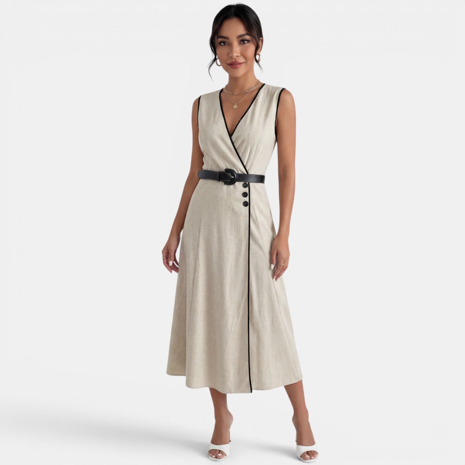 Elegant Beige Belted Midi Dress