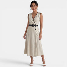 Elegant Beige Belted Midi Dress