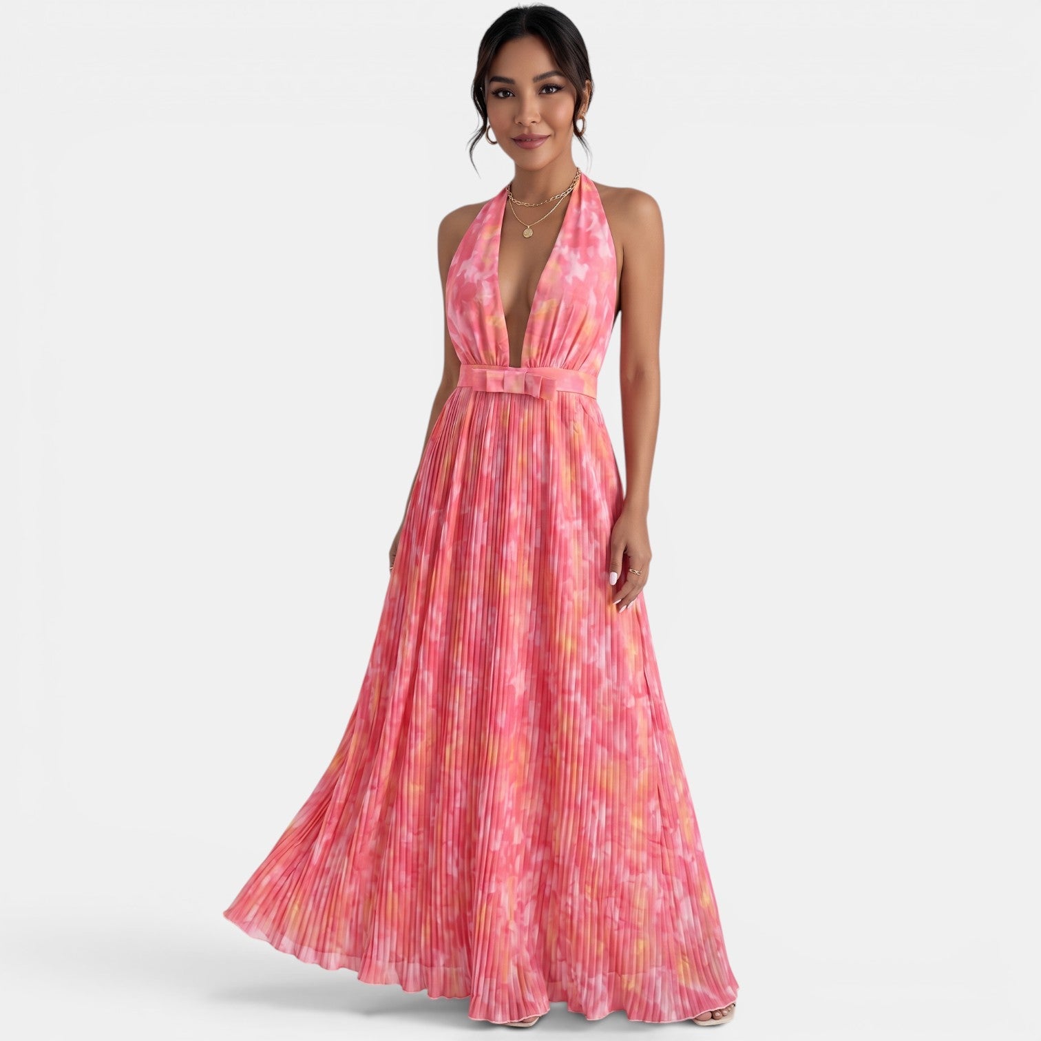 Women's Pleated Pink Halter Maxi Dress