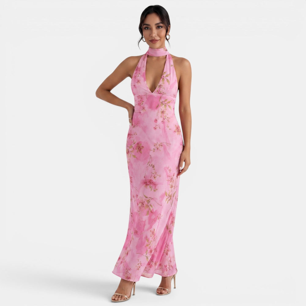 Backless Floral Halter Dress