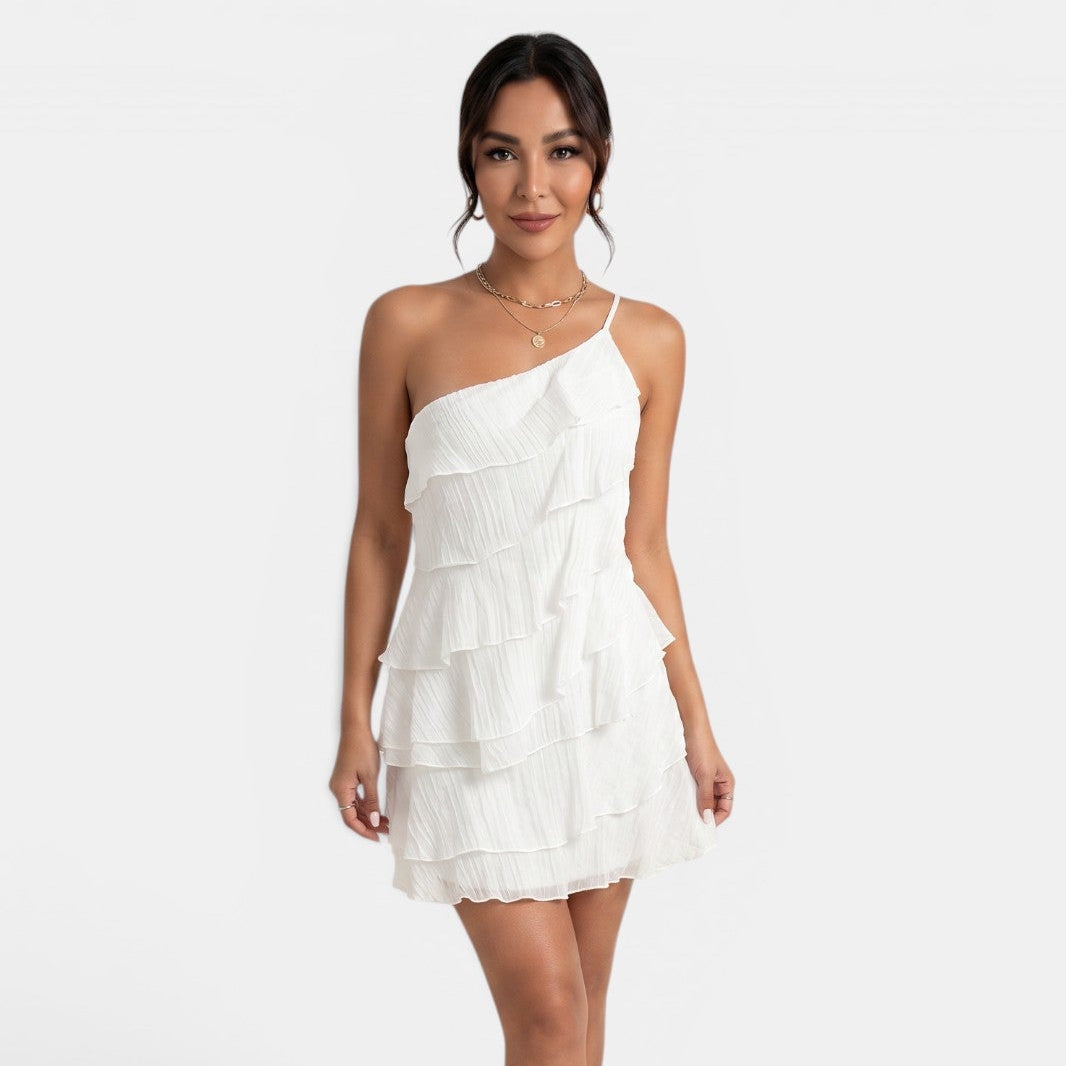 Women's Mini Halter Dress – Asymmetrical Ruffle Bodycon Dress for Summer